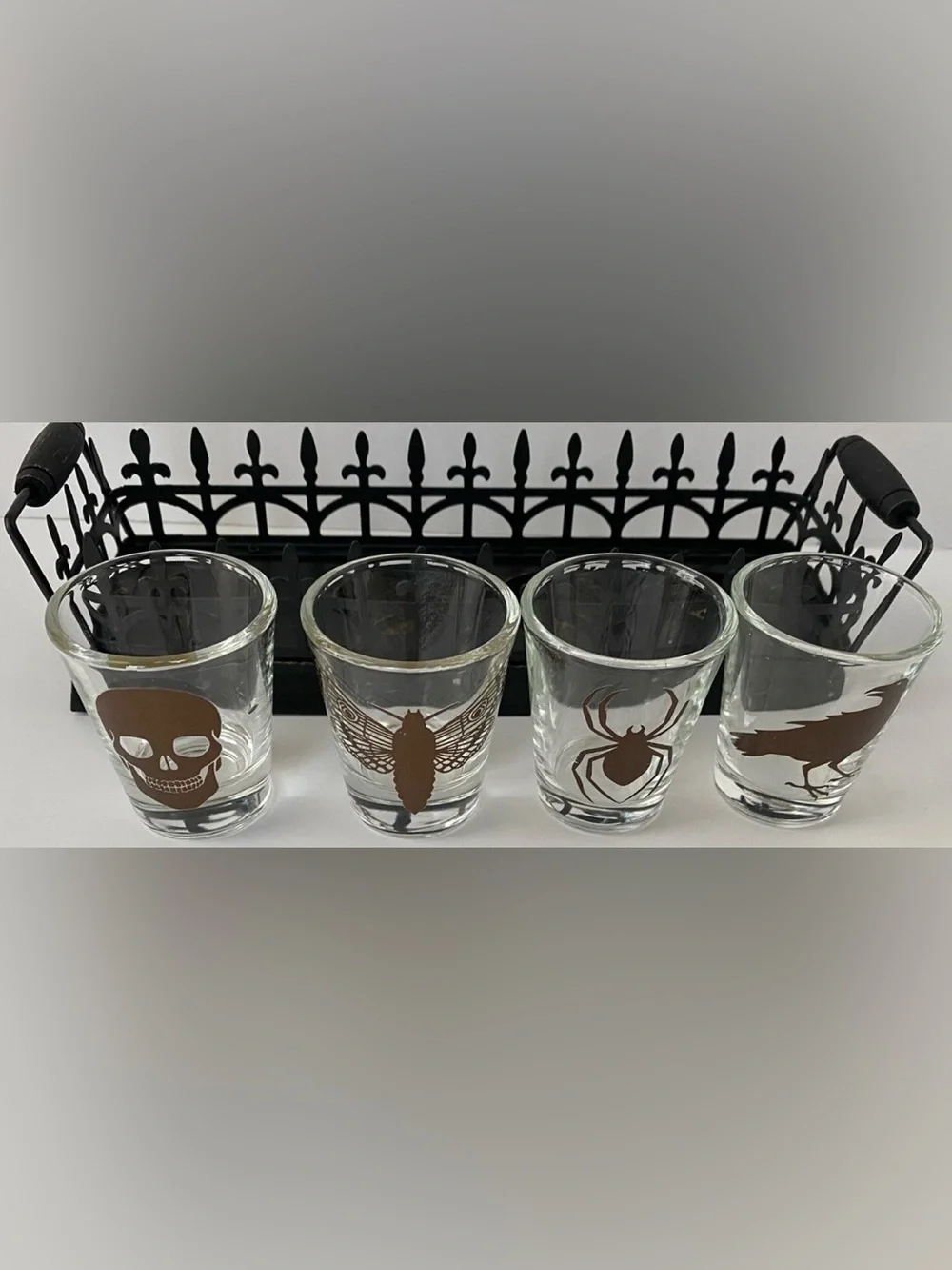 Halloween Theme Shot Glass Set With Holder Raven, Spider, Skull, Butterfly